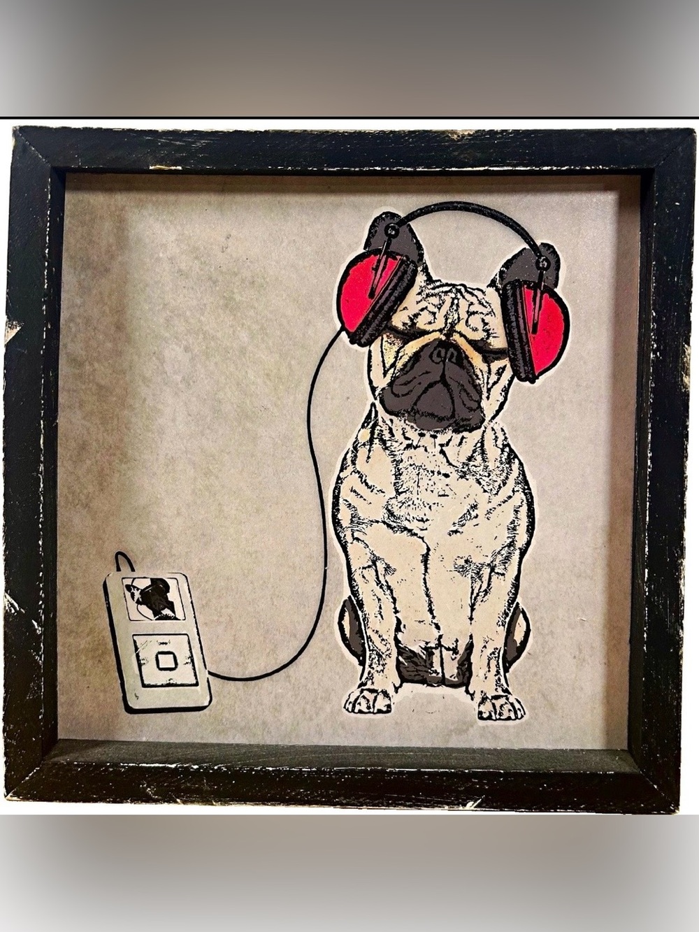 Framed French Bulldog Wearing Headphones Print Wall Art Black Distressed Square